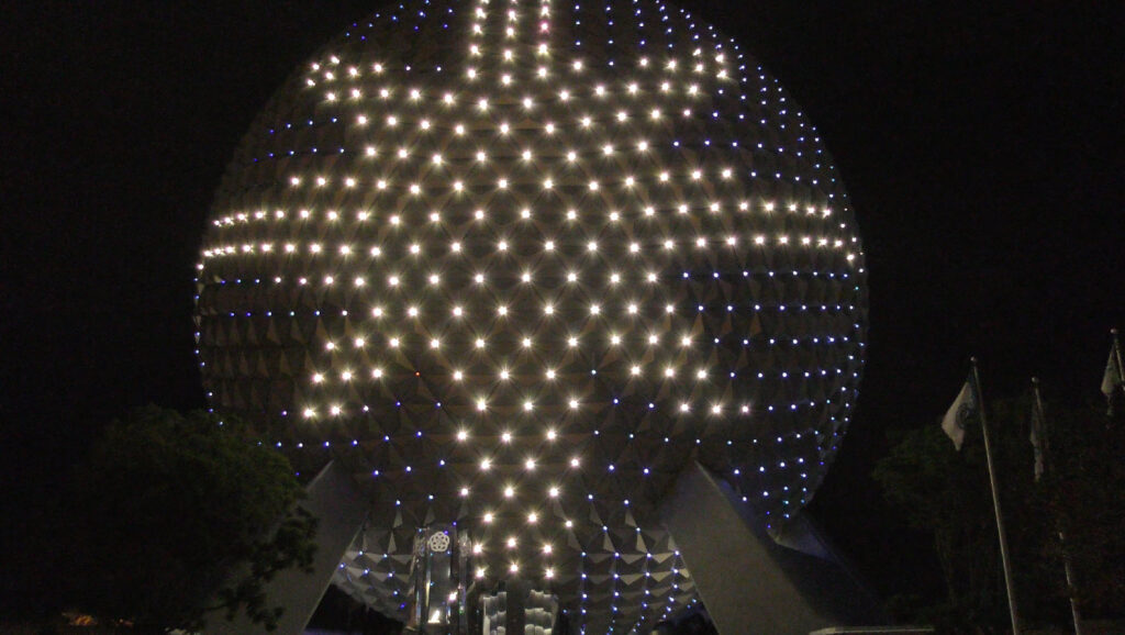 Epcot Holidays: Spaceship Earth Light Show featuring "When We're Together" from Frozen.