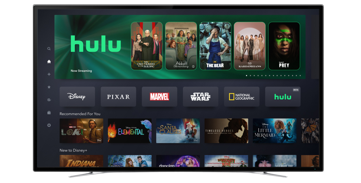 Screenshot of the Hulu tile within the Disney+ app interface, showing alongside other category tiles such as Disney, Pixar, Marvel, Star Wars, and National Geographic. The Hulu section displays a selection of streaming options including 