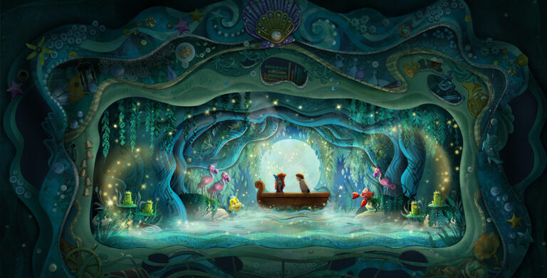 In an artist rendering from the upcoming The Little Mermaid – A Musical Adventure show at Disney’s Hollywood Studios, Ariel and Prince Eric are seen in the Kiss the Girl scene, sitting in a boat; Sebastian the crab is on the right side and Flounder the fish is on the left side. Frogs and flamingoes sit on either side in the foreground and stars are all around the couple. They are framed by all manner of sea creatures depicted on the proscenium of the stage.