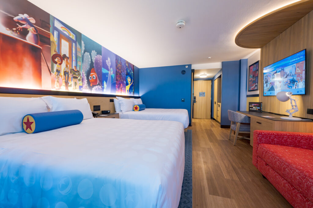 With whimsical nods to Pixar Animation Studios such as lighting reminiscent of the Pixar Lamp and pillows inspired by the Pixar Ball, guests can enjoy themed guest rooms in a comfortable and contemporary setting at Pixar Place Hotel at Disneyland Resort in Anaheim, Calif. (Richard Harbaugh/Disneyland Resort)