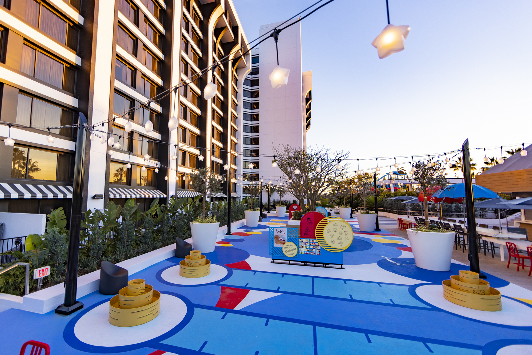 Guests can enjoy their stay by heading to the Pixar Shorts Court on the rooftop deck of Pixar Place Hotel at Disneyland Resort in Anaheim, Calif., with interactive games and imaginative free play inspired by Pixar’s famous short films “La Luna,” “Bao,” “For the Birds” and “Burrow.” (Christian Thompson/Disneyland Resort)