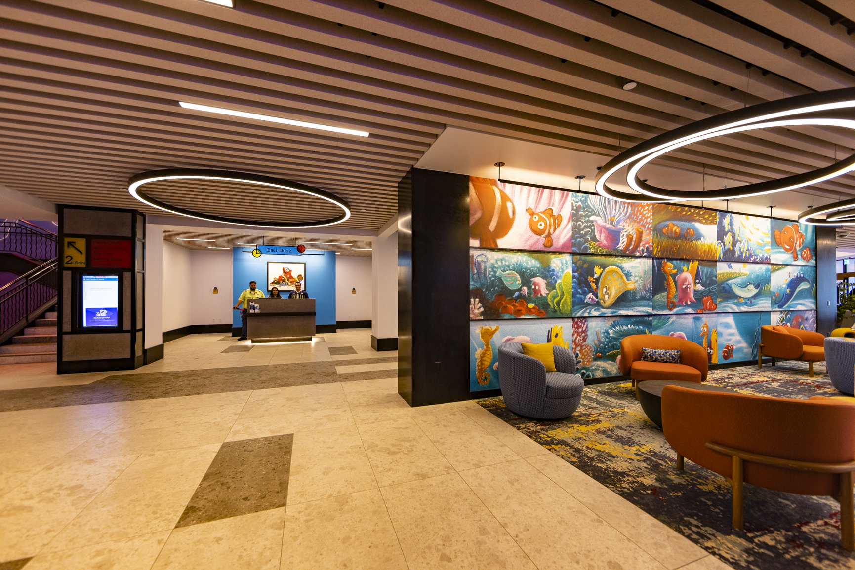 Featuring portraits and maquettes of iconic Pixar characters, the main lobby invites guests to begin their adventure amid a vibrant and colorful blend of different art galleries at Pixar Place Hotel at Disneyland Resort in Anaheim, Calif. (Christian Thompson/Disneyland Resort)