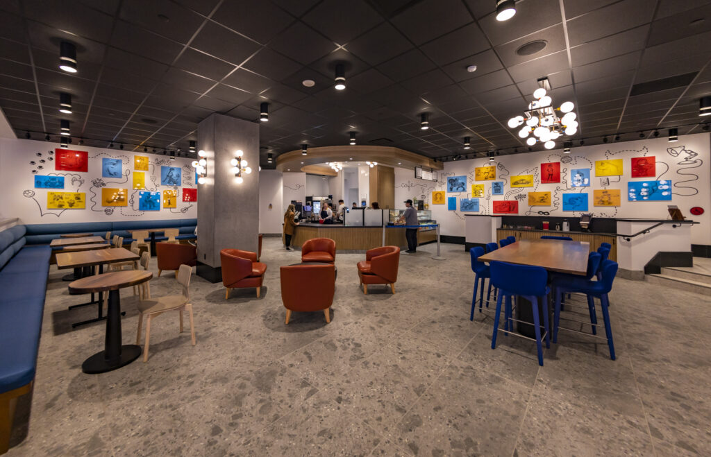 The modern American eatery Great Maple operates a grab-and-go coffee spot called The Sketch Pad Café, in addition to the flagship restaurant on the first floor of Pixar Place Hotel at Disneyland Resort in Anaheim, Calif. This spot is located near the lobby and serves assorted pastries and grab and go snacks accompanied by a selection of coffee and tea, while displaying a timeline of Pixar films conveyed through character design and early concept art. (Christian Thompson/Disneyland Resort)