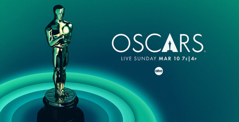 An Oscar statue is bathed in teal light. Its base is surrounded by rings in four different shades of teal. To its right is the Oscars logo and tune-in information for ABC.