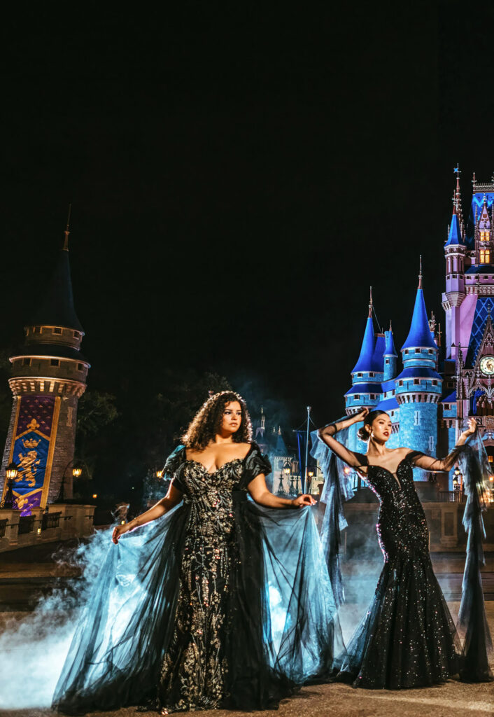 Disney Villains inspired the newest additions to the 2024 Disney’s Fairy Tale Weddings collection from Alure Bridals. Showcased in front of Cinderella Castle at Walt Disney World Resort in Lake Buena Vista, Fla., the Disney Villains collection includes four gowns featuring popular characters Ursula, Maleficent, the evil Queen and Jafar. (Claire Celeste, Photographer)