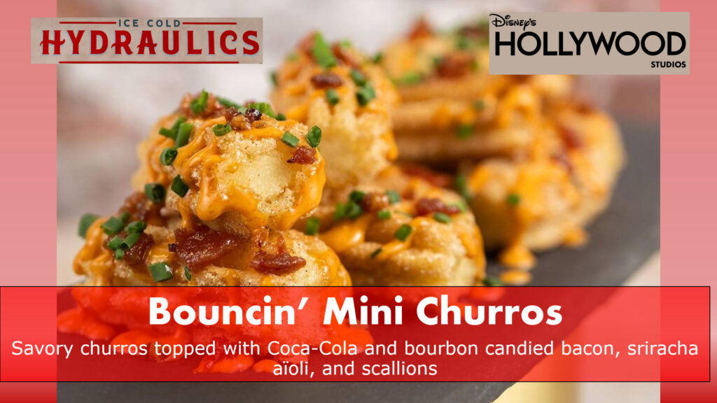 Ice Cold Hydraulics = Savory churros topped with Coca-Cola and bourbon candied bacon, sriracha aïoli, and scallions