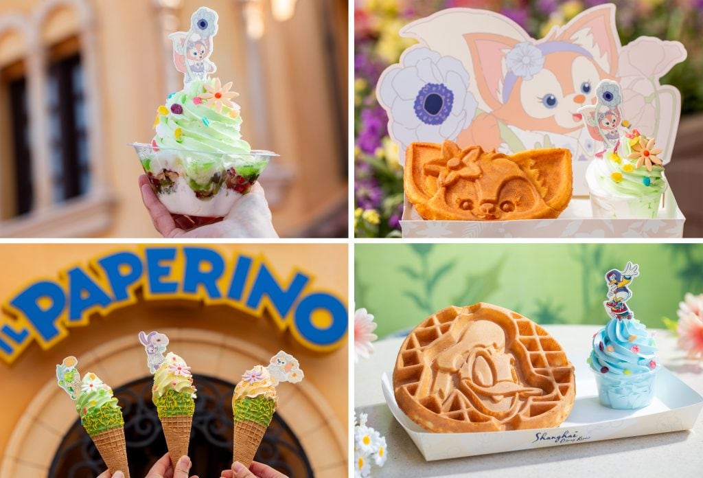 Vanilla & Apple Flavored Frozen Treat Sundae, Disney LinaBell Waffle with Vanilla & Apple Flavored Frozen Treat, Loquat Flavored Ice Cream Cone, and Waffle with Sea Salted Flavored Ice Cream at Disney Parks