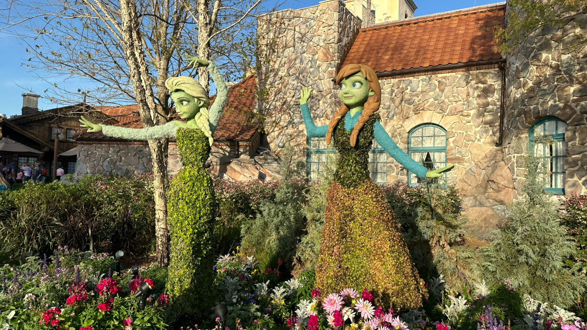 2024 Epcot Flower and Garden Festival Topiaries Anna and Elsa in Norway