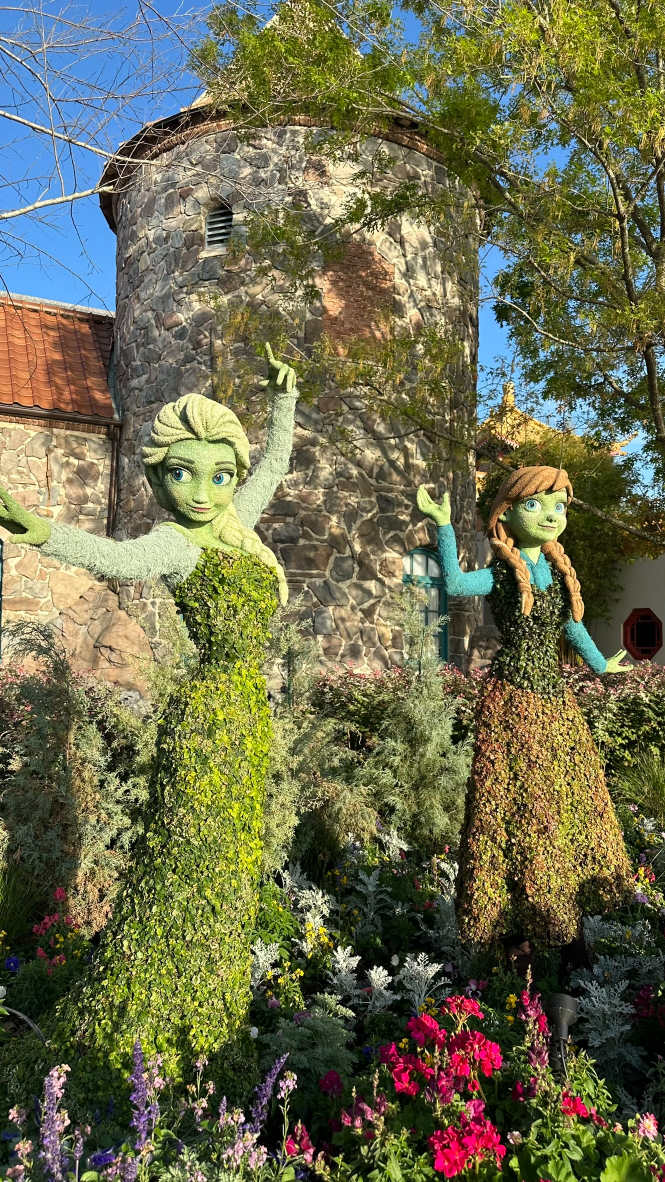 2024 Epcot Flower and Garden Festival Topiaries Anna and Elsa in Norway