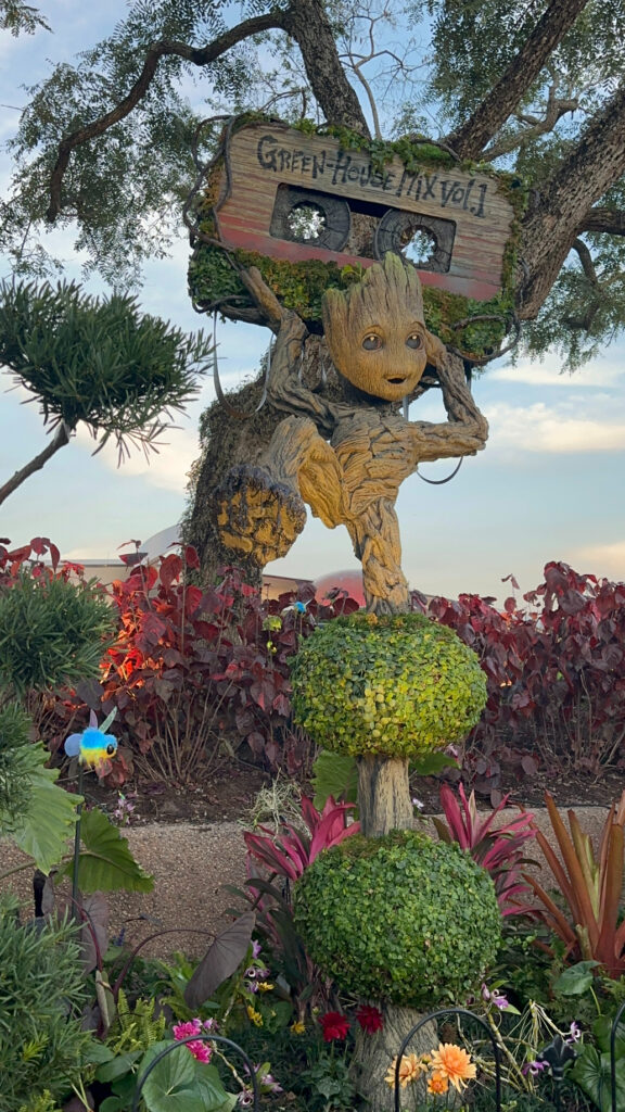 2024 Epcot Flower and Garden Festival Topiaries a New for 2024 Groot near Guardians of the Galaxy