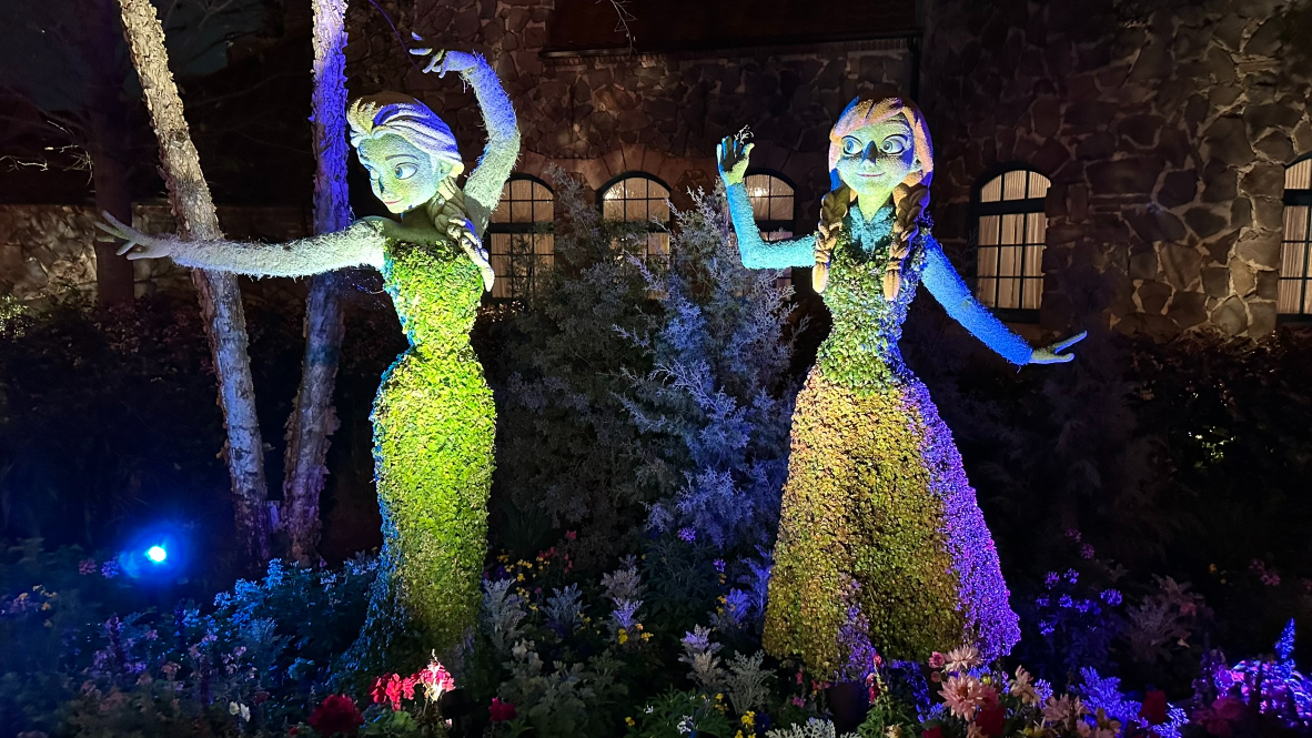 2024 Epcot Flower and Garden Festival Topiaries - Anna and Elsa at Night