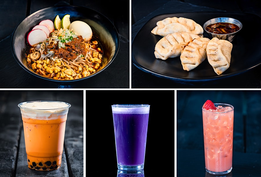 Beef Birria Ramen, Pot Stickers, Thai Tea, Harland Brewing Ube HAZY IPA and Strawberry Lychee Cocktail