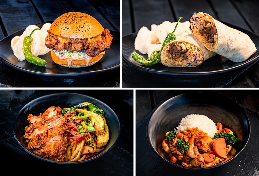 Karaage-inspired Crispy Chicken Sandwich, Beef Bulgogi Burrito, Yaki Udon with Karaage-inspired Crispy Chicken and Teriyaki Chicken