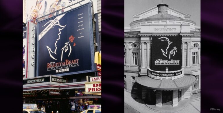 Beauty and the Beast billboard at the Palace Theatre for its “2nd Smash Year” and Beauty and the Beast at its European premiere at Vienna’s Raimund Theater in 1995. Image Walt Disney Archives