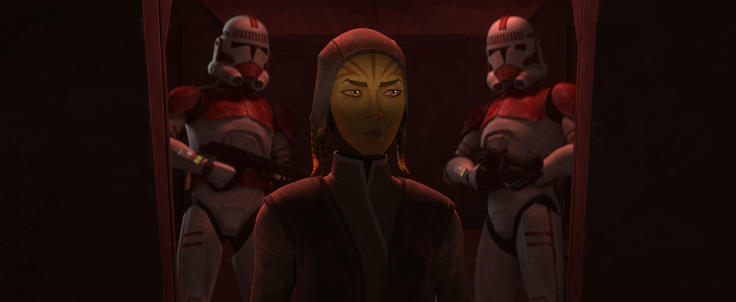 Fourth Sister (center) and clone troopers in a scene from "STAR WARS: TALES OF THE EMPIRE", exclusively on Disney+. © 2024 Lucasfilm Ltd. & ™. All Rights Reserved.
