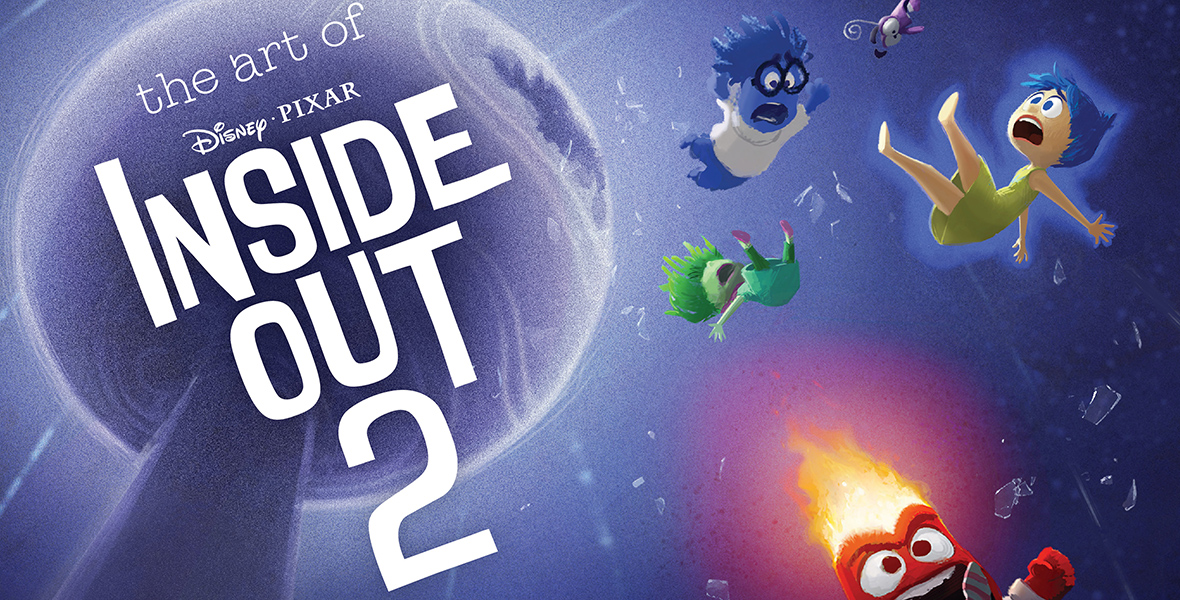 The cover of the book The Art of Inside Out 2, featuring concept art of Fear, Sadness, Joy, Disgust, and Anger falling towards the viewer. To the left of the characters is the title of the book in white text.