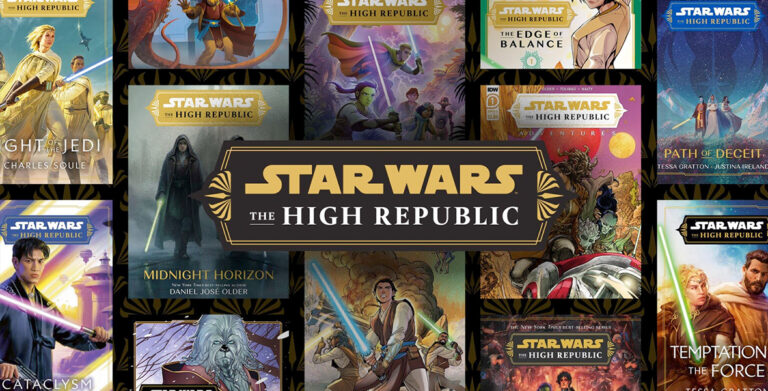 Star Wars: The High Republic logo on top of a series of repeating The High Republic book covers.