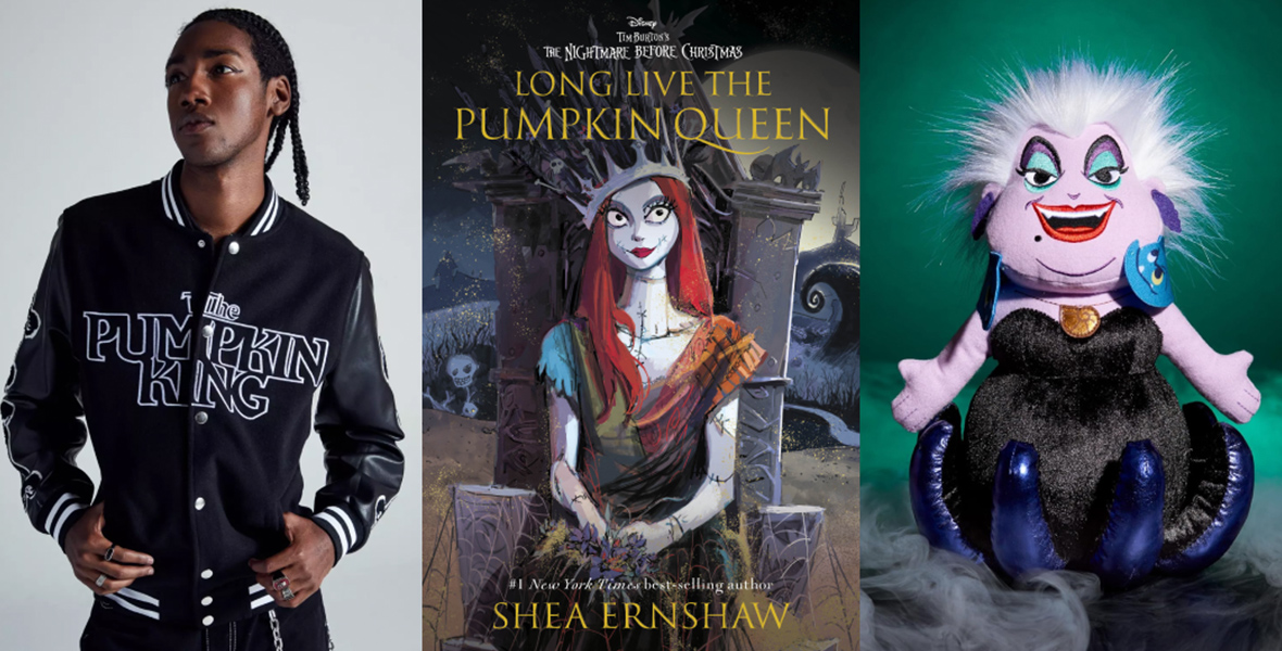 In a triptych of images, from left to right, is seen the Our Universe Disney Tim Burton’s The Nightmare Before Christmas Jack Varsity Jacket; the book Long Live the Pumpkin Queen by Shea Ernshaw; and the Disney Villains Collection: Ursula Plush