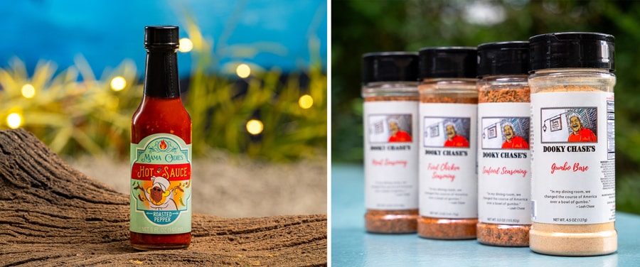 collage of Mama Odie’s Hot Sauce and Dooky Chase’s Seasonings