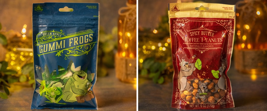 collage of Green Apple Gummi Frogs and Spicy Butter Toffee Peanuts