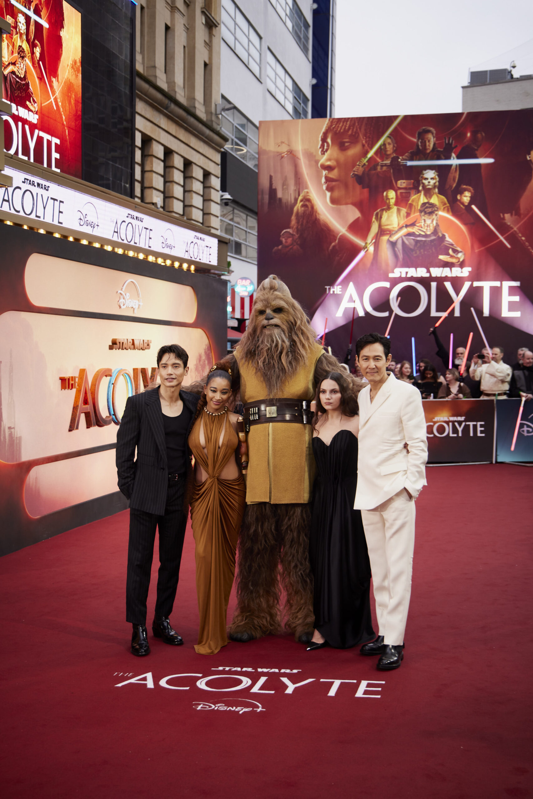 LONDON, ENGLAND - MAY 28: (L-R) Amandla Stenberg, Kelnacca, Dafne Keen and Lee Jung-Jae attend the UK Premiere of Lucasfilm's "Star Wars: The Acolyte" at Odeon Luxe Leicester Square on May 28, 2024 in London, England. (Photo by Kate Green/Getty Images for Walt Disney Studios Motion Pictures UK)