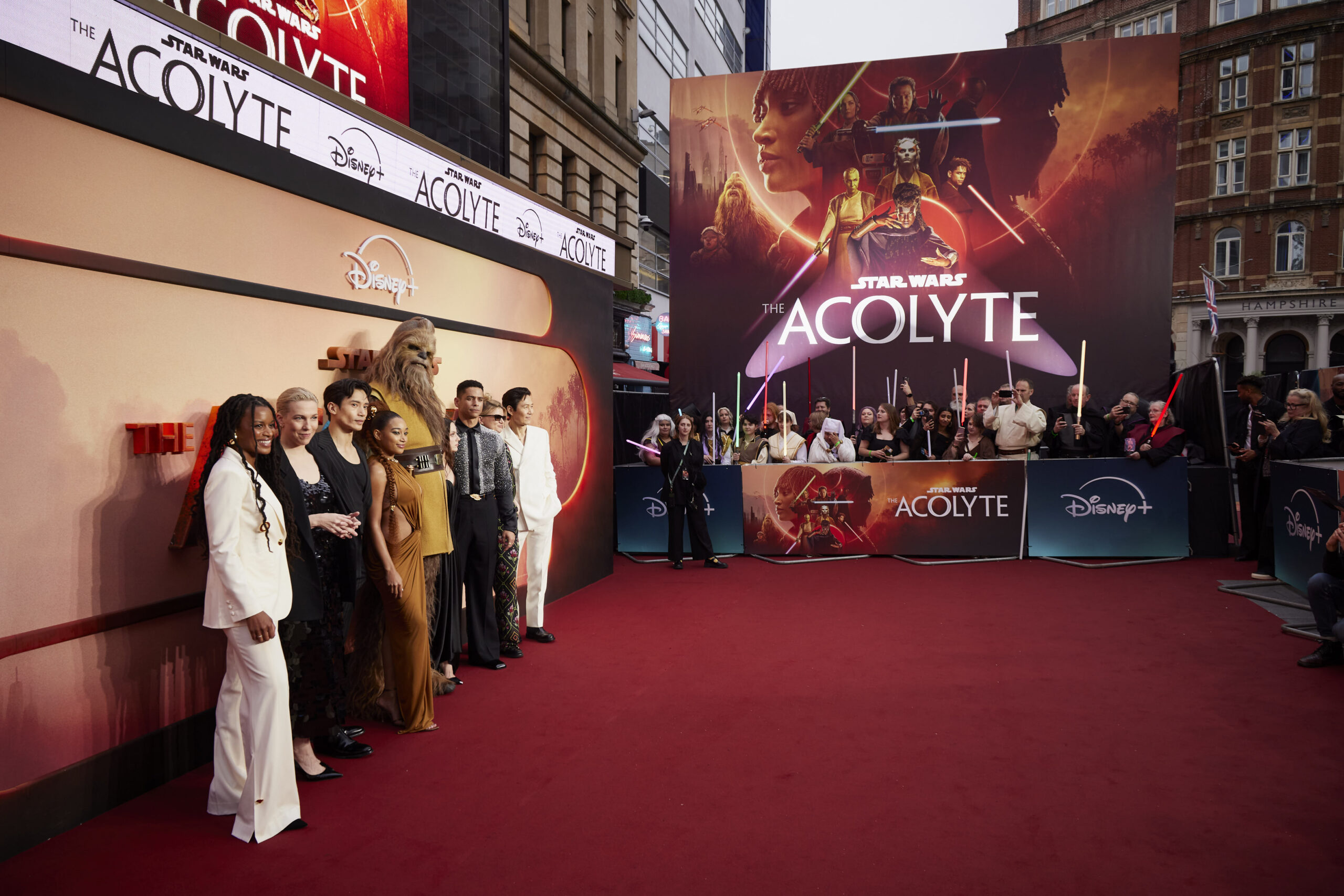 (L to R) Rebecca Henderson, Manny Jacinto, Amandla Stenberg, Kelnacca, Dafne Keen Fernandez, Charlie Barnett and Lee Jeong-jae attend the UK Premiere of Lucasfilm's 'The Acolyte' at Odeon Luxe Leicester Square in London, on May 28, 2024. (Photo by StillMoving.Net for Disney)