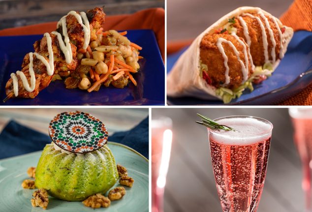 Grilled Kebabs; Fried Falafel Pita; Pistachio Cake; Sparkling Fig Cocktail