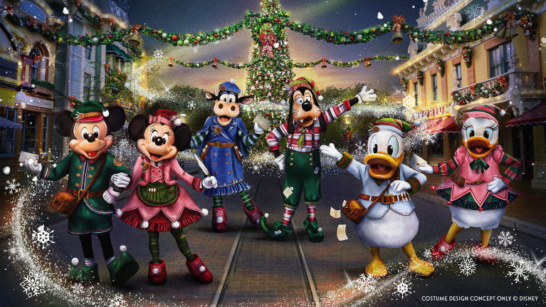 Mickey Mouse, Minnie Mouse, Donald, Daisy, Goofy and Clarabelle Cow in their holiday attire (concept art)