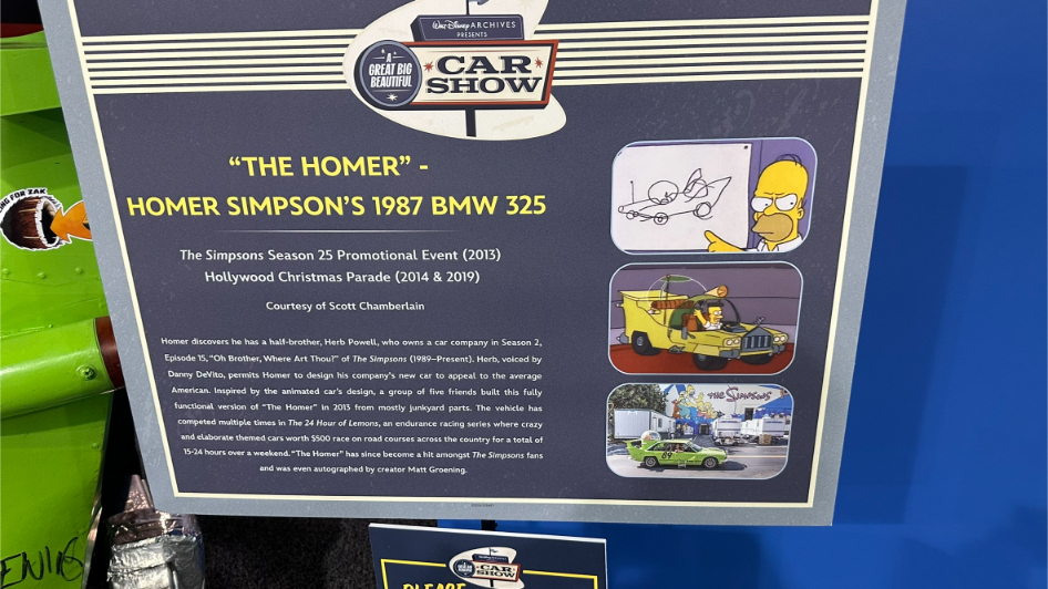 Walt Disney Archives Great Big Beautiful Car Show D23 2024 - The Homer - Homer Simpson's 1987 BMW 325 designed as a promotions piece for the 25th season of the Simpsons in 2013 and seen in the Hollywood Christmas parade in 1014 and 2019