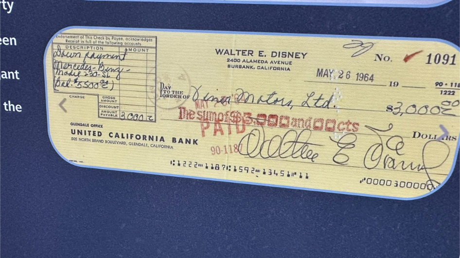 Walt Disney Archives Great Big Beautiful Car Show D23 2024 - Walt Disney's 1964 Mercedes-Benz 230SL - Walt's Personal Check