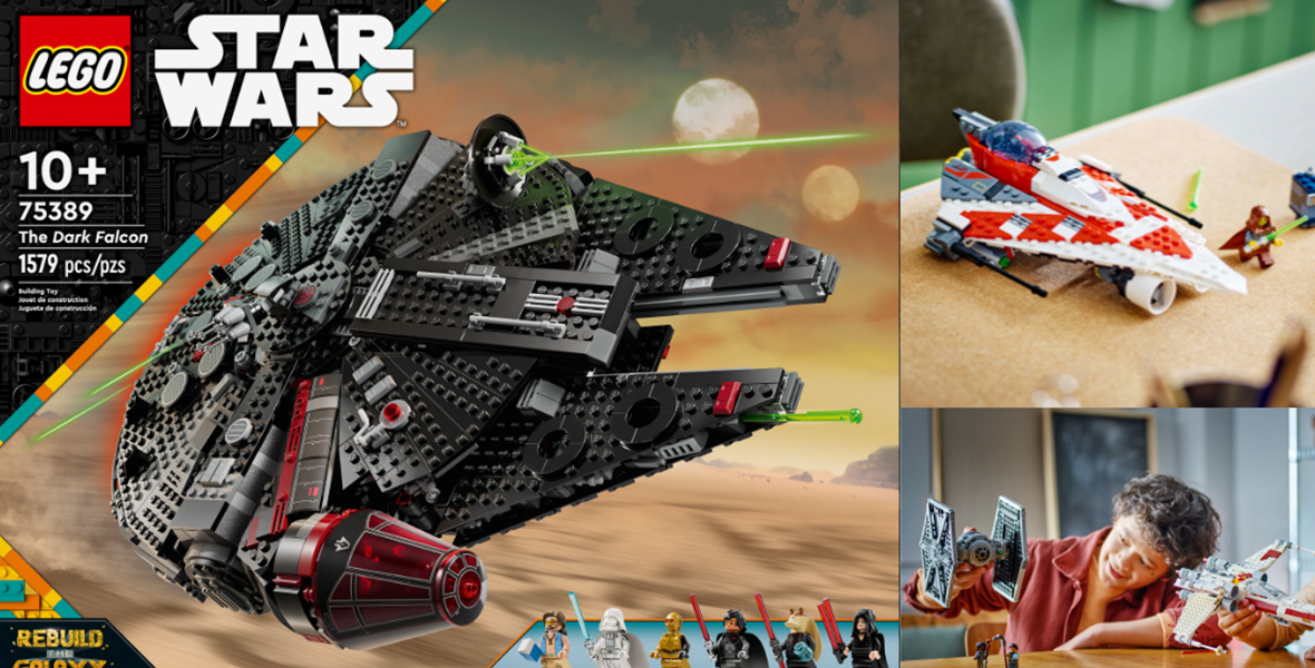 Three LEGO®️ Star Wars™ building sets featuring The Dark Falcon building set box packaging; Jedi Bob’s Starfighter building set fully built on a table; and two kids playing with the TIE Fighter & X-Wing Mash-up building set.