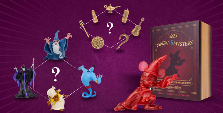 The image features a dark purple background showcasing the mystery items from the D23 2024 Gold Member Collector Set. On the left, figurines of Genie, Maleficent, Merlin, and Mama Odie are arranged in a diamond shape around a prominent question mark, adding an air of intrigue. In the center, various gold pins—including Genie