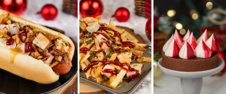 Holiday Dinner Hot Dog; Holiday Dinner Loaded French Fries; Candy Cane Tart