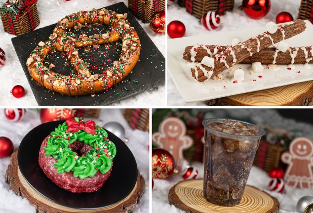 Festive Pretzel; Hot Cocoa Churro; Red Velvet Christmas Wreath Doughnut; Gingerbread Cola