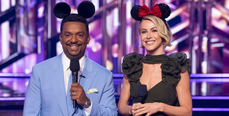 Hosts Alfonso Ribeiro and Julianne Hough wear Mickey ears on Dancing with the Stars.