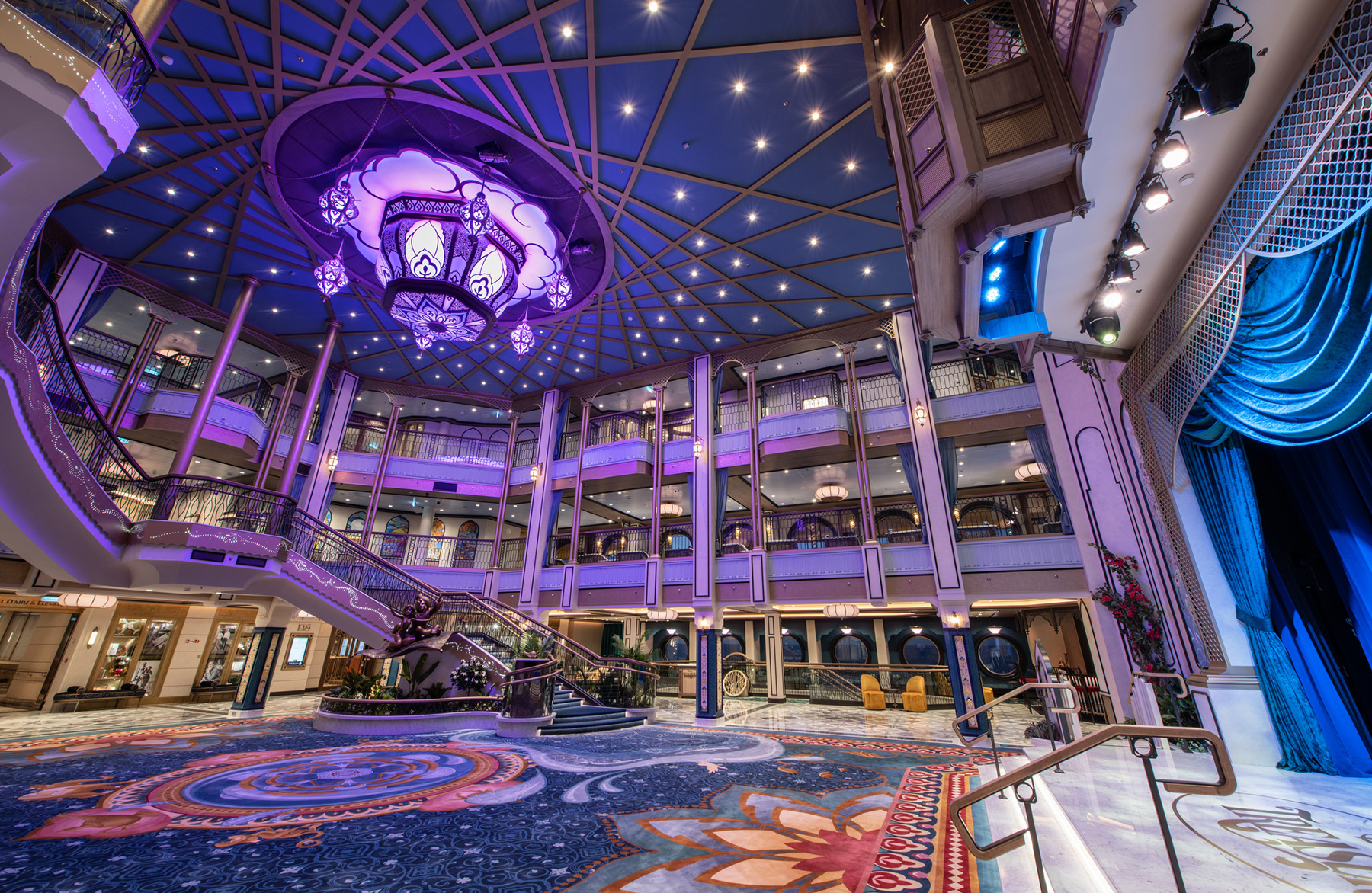 The Grand Hall will embody the Disney Treasure’s theme of adventure, with statues and décor that call on the gilded palace and wonder of Agrabah from Walt Disney Animation Studios’ classic tale, “Aladdin.” The space will serve as the ship’s most prominent gathering space and will offer its own dedicated entertainment moments and surprises. (Kent Phillips, photographer)