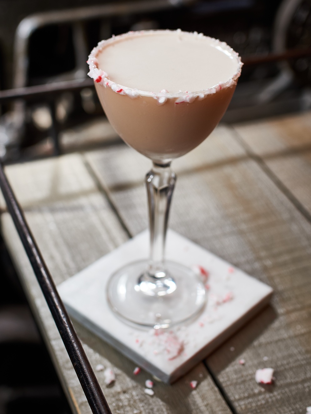 Peppermint Patty: peppermint-infused vodka, Caffè Borghetti espresso liqueur, Tempus crème de cacao, half-crushed peppermint rim. $16