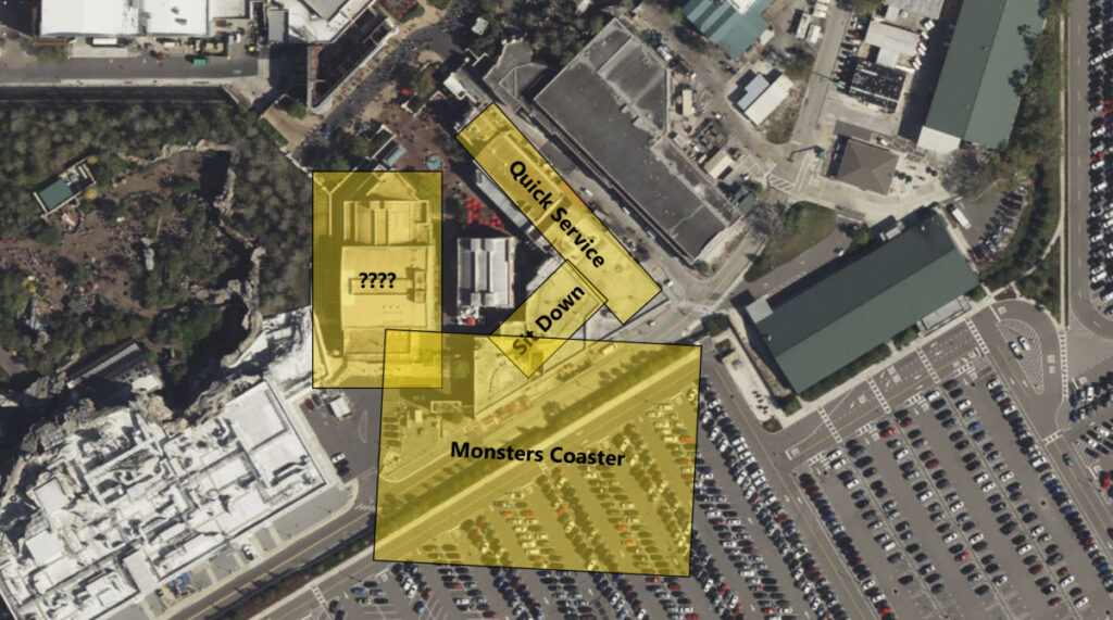 Muppet Vision Courtyard 2024 Satellite Image with likely locations of Monsters Land Buildings