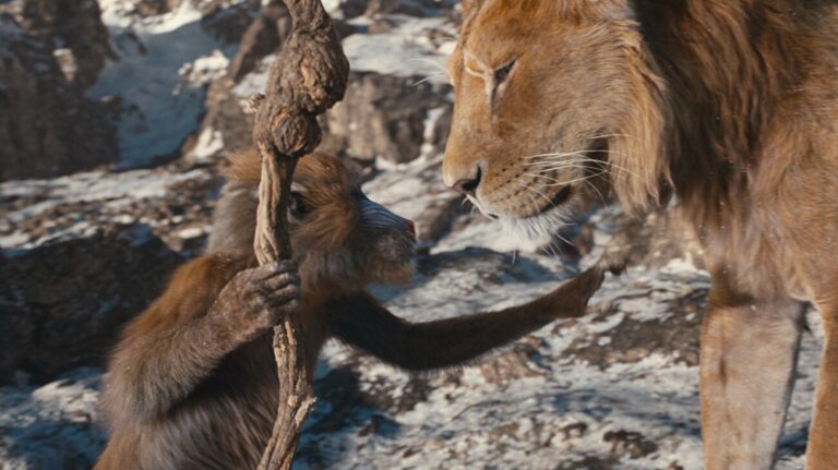 (L-R): Rafiki (voiced by John Kani) and Mufasa (voiced by Aaron Pierre) in Disney’s MUFASA: THE LION KING. Photo courtesy of Disney. © 2024 Disney Enterprises Inc. All Rights Reserved.