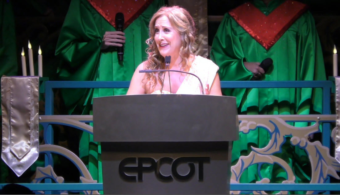 Jodi Benson lights up the stage as she narrates the story of Christmas during the final 2024 Candlelight Processional at EPCOT’s Festival of the Holidays