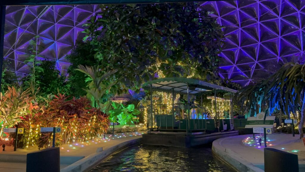 Living with the Land: Glimmering Greenhouses shines with festive lights and holiday decorations, bringing seasonal magic to EPCOT during the 2024 Festival of the Holidays