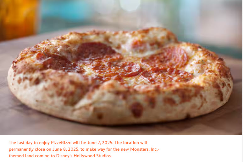 The last day to enjoy PizzeRizzo will be June 7, 2025. The location will permanently close on June 8, 2025, to make way for the new Monsters, Inc.-themed land coming to Disney's Hollywood Studios.