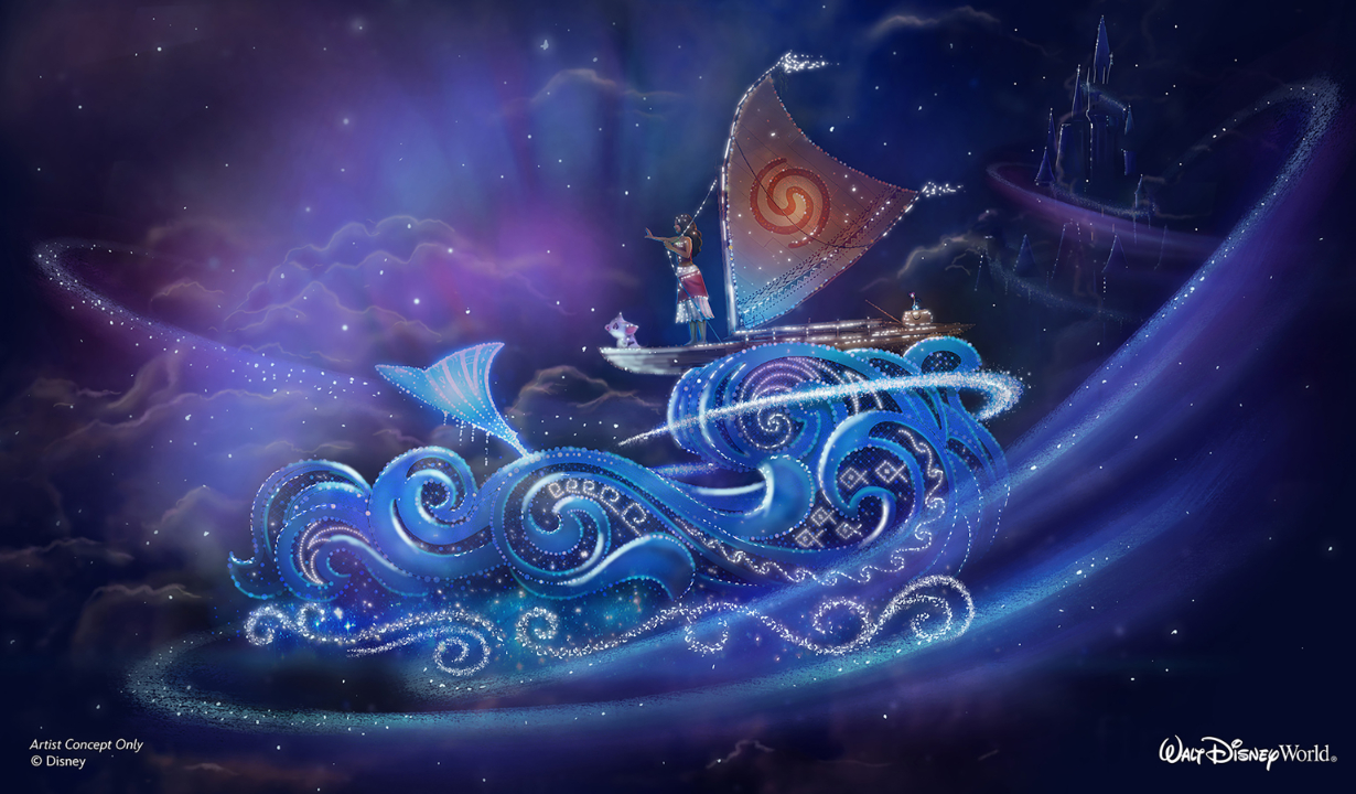 Concept art of the Moana float from Disney Starlight Parade, featuring Moana sailing atop glowing waves with Pua and HeiHei, capturing the spirit of her epic ocean journey.