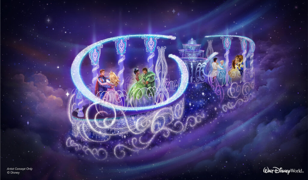 Concept art of the Princess float from Disney Starlight Parade, featuring Princess Tiana, Sleeping Beauty, Cinderella, and Belle illuminated in radiant lights, celebrating their timeless stories of courage and dreams