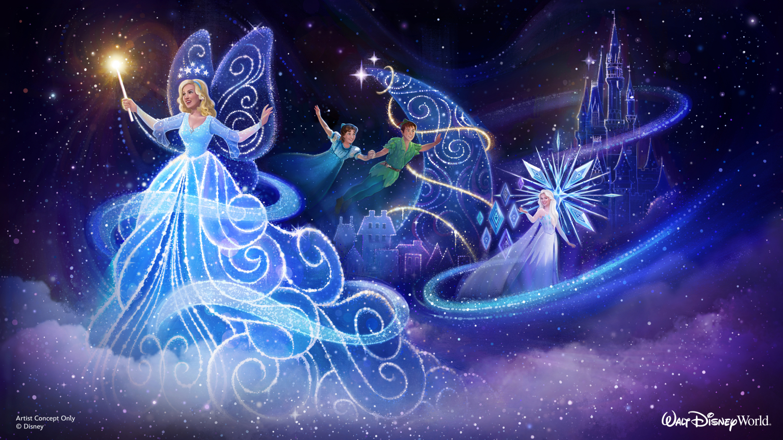 Concept art of the Moana float from Disney Starlight Parade, featuring Moana sailing atop glowing waves with Pua and HeiHei, capturing the spirit of her epic ocean journey.