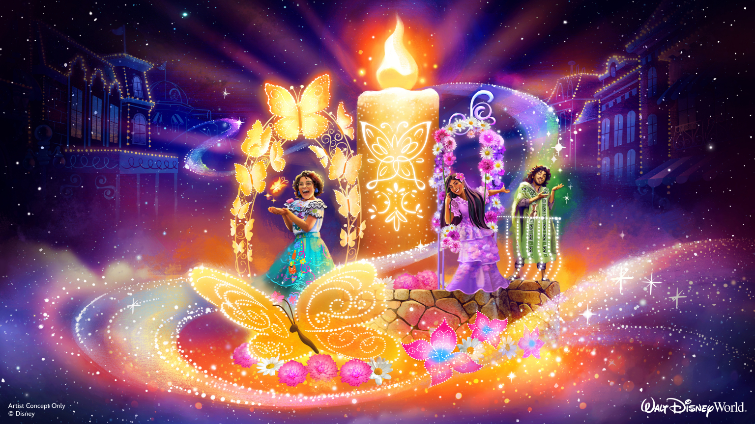 Concept art of the Encanto float from Disney Starlight Parade, featuring the Madrigal family and their enchanted casita brought to life with vibrant lights and magical details