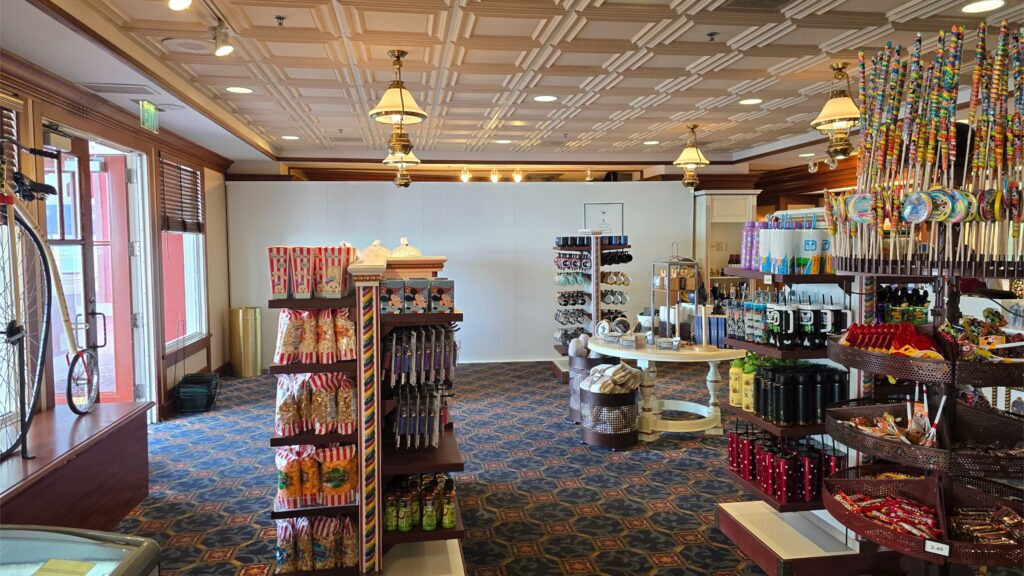 A peek inside—Screen Door is walled off while renovations begin, but Character Carnival and Thimbles & Threads remain open!