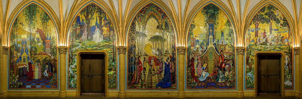 Inside Cinderella Castle, a series of breathtaking mosaics tell the timeless tale of Cinderella in stunning detail. These five towering panels, created with over 300,000 pieces of hand-cut Italian glass, shimmer with vibrant colors and intricate gold and silver accents.