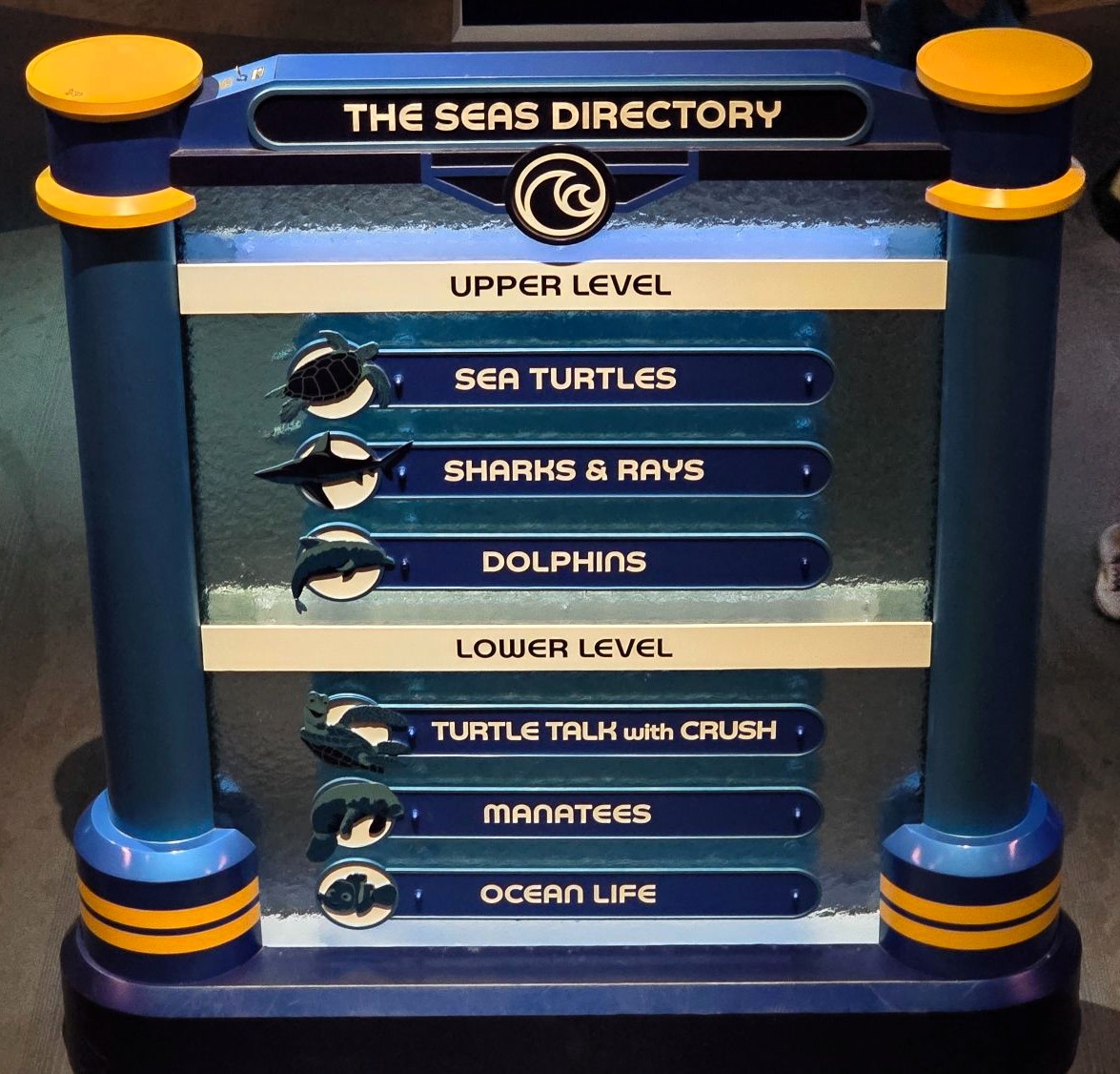 The Seas with Nemo & Friends directory from 2024, featuring dolphins and manatees—before their transition to new care facilities.