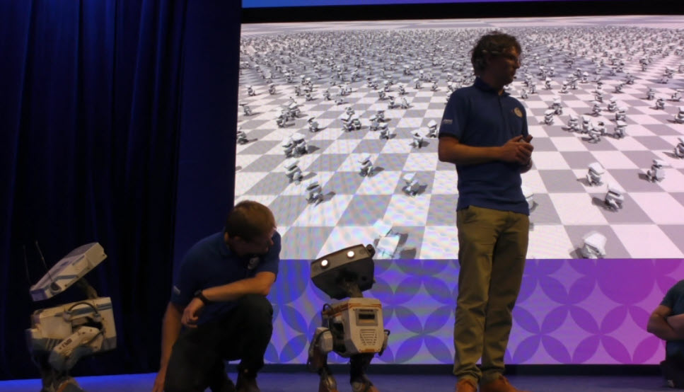 Walt Disney Imagineering showcases the BDX droids—OSKAR-7, BESH-27, and GREK-17—during a live demonstration at the 2024 D23 Ultimate Disney Fan Event.